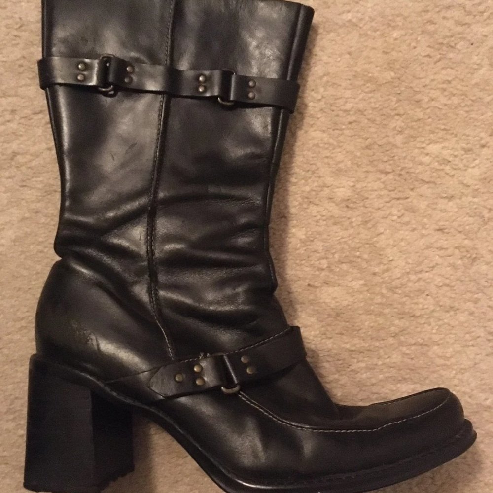 90's Boots Size 7.5 Black Leather Western Biker Apparel Wood Heel Women Indigo